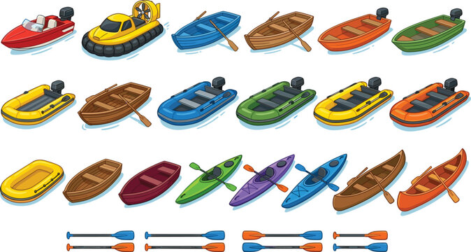 Boat and Watercraft Icon Set with Inflatable, Hovercraft, Canoe, and Rowboats Illustrations for Water Sports, Recreation, and Digital Designs