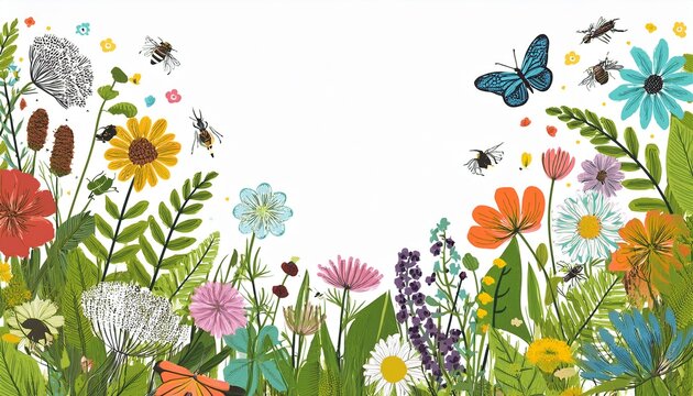 colorful frame with summer meadow plants and insects