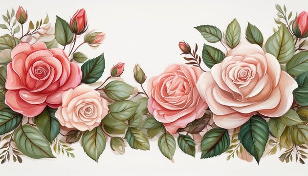 elegant border with rose flowers buds and leaves