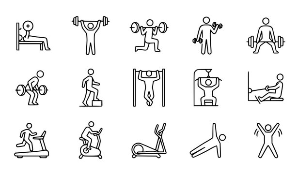 Gym fitness line icon set editable stroke workout and weightlifting vector collection