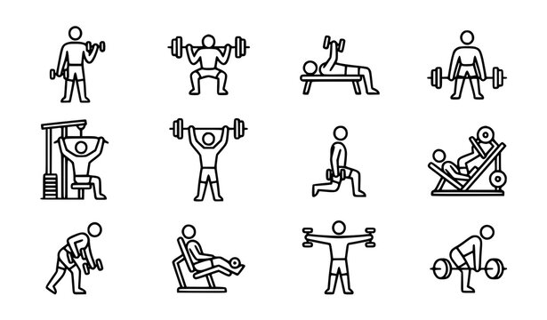 Workout and bodybuilding line icon pack editable stroke gym fitness vector icons