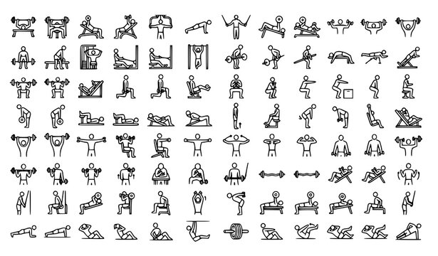 Fitness training icons line editable stroke gym exercise vector set for all muscles