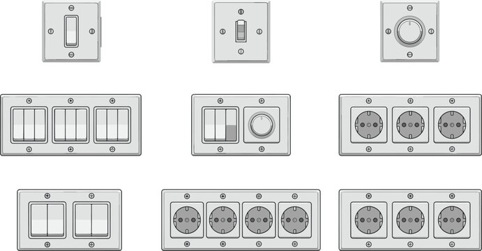 Electrical Switches and Sockets Icon Set with Light Switches, Dimmers, Power Outlets, and Connectors Illustrations for Home, Office, and Digital Designs