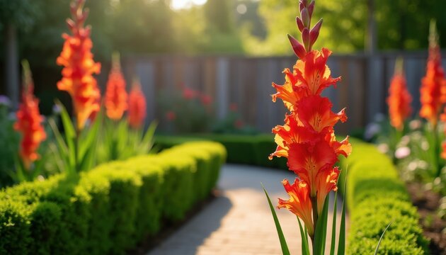 Tall red orange gladiolus flowers bloom in sunny garden. Pathway lined with green hedges leads to wooden fence. Floral botanical nature scene with vibrant blossoms.