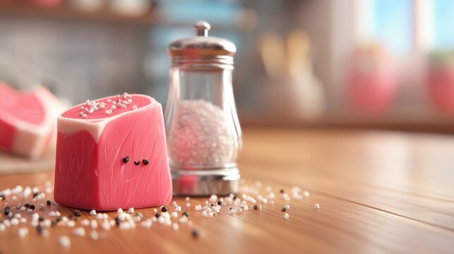 Cute Cartoonish Meat Slice with Salt Shaker on Wooden Table