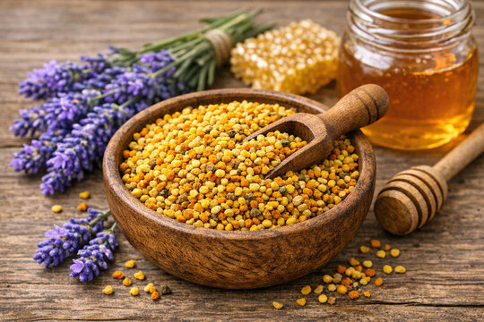 An assortment of culinary ingredients including safflower seeds, honey, lavender flowers, and a mortar and pestle.