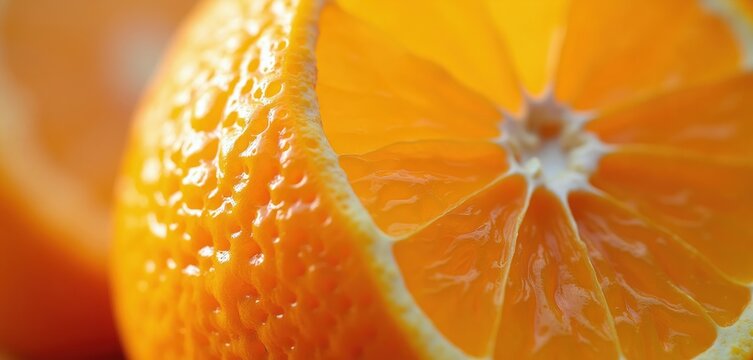 Close up of bright orange citrus fruit slice. Detailed bumpy texture of orange peel. Juicy segments show freshness. Healthy food background.