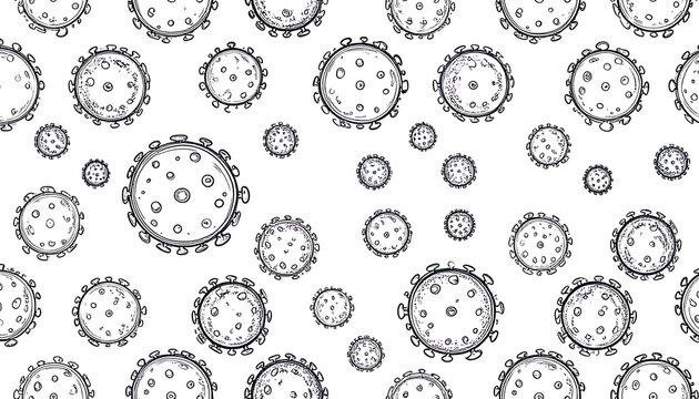 abstract pattern of virus cells, stylized microscopic organisms with spiky surface in a repeating seamless design, scientific illustration