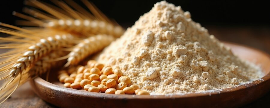 Wheat kernels and fine powder displayed on wooden plate with wheat ears. Ingredient for baking healthy bread pastries and foodstuff. Natural organic grain product for nutrition.