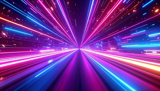 Abstract futuristic tunnel with glowing neon lines and digital particles, moving forward at high speed, vibrant blue and pink lights, representing data transfer and technology