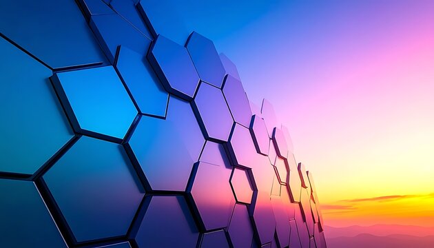 Abstract geometric honeycomb pattern in metallic blue and purple hues against a vibrant sunset sky, futuristic technology and nature fusion, clean digital art.