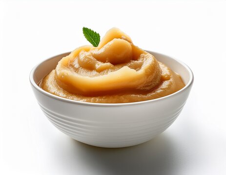 applesauce in white bowl close up delicious homemade healthy snack dessert food photography isolated background on white background