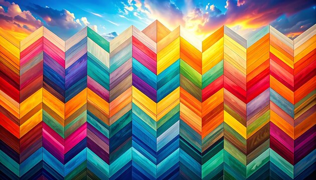 chevron pattern in vibrant rainbow colors, sunburst through clouds in the background, artistic abstract background