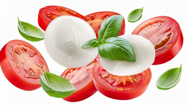 flying fresh mozzarella and tomato slices with basil leaves isolated on a white background