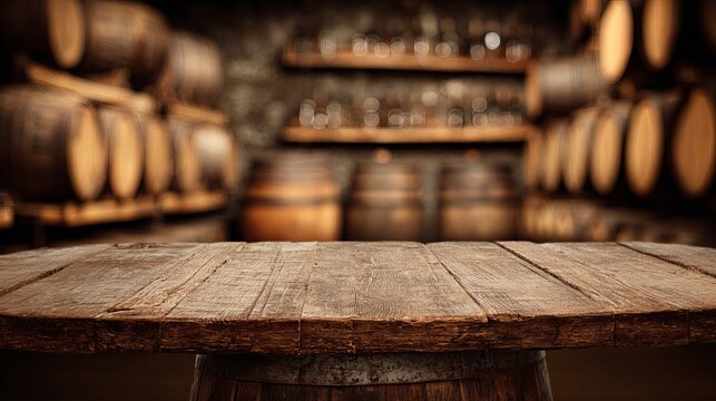 Empty Wooden Table In Wine Cellar With Oak Barrels For Product Display Background