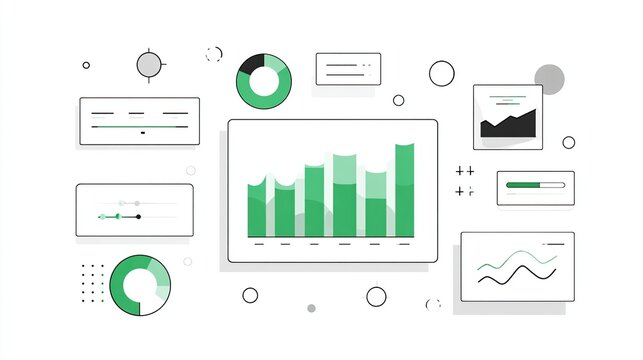 Business analytics dashboard with green graphs and charts