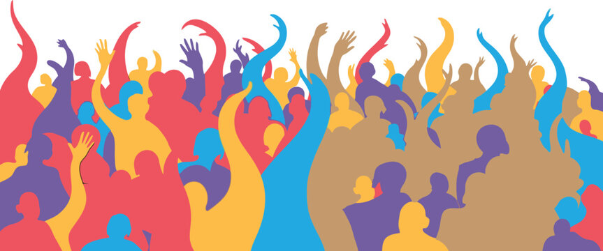 Vector illustration of a fiery background with silhouettes of a dancing crowd and people at a disco party celebrating with colorful abstract fire and flames