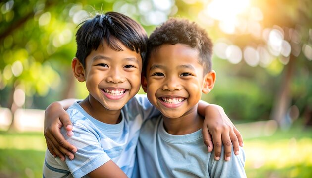 Two young boys of color embrace, smiling brightly, set against a blurred green background with dappled sunlight filtering through trees