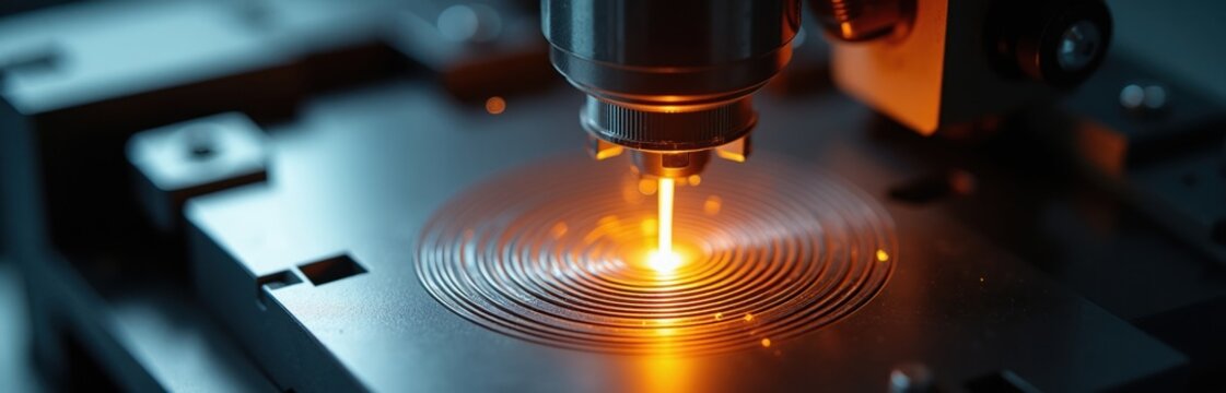 Micro laser etches precise circular pattern onto shiny metal surface. Modern manufacturing tech creates intricate industrial detail. Optical device works on tiny component in lab.