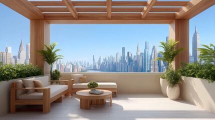Obraz premium Modern rooftop terrace with wooden furniture, city skyline view, urban living space, bright daylight, contemporary design, relaxing atmosphere