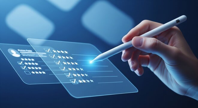 Hand using stylus on futuristic survey interface with star ratings and checkboxes, digital concept