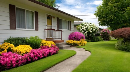 Obraz premium Charming suburban home with vibrant flower beds and lush green lawn, showcasing colorful landscaping and an inviting front porch in sunny weather