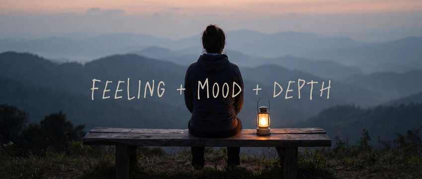 feeling mood depth openart.ai concept. Person sitting on bench overlooking misty mountain landscape at dusk with lantern and text overlay