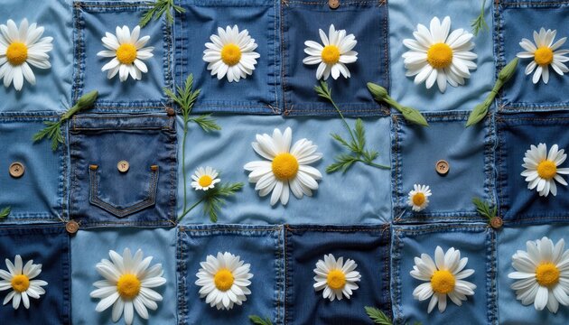Denim patchwork quilt with white daisies and green leaves. Blue jean fabric squares sewn together with floral accents. Seamless repeat pattern for crafting projects.