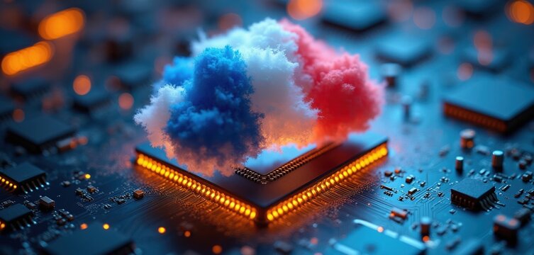 Abstract cloud in French flag colors hovers over glowing microchip on circuit board. Represents tech innovation, national pride, digital future, and creative industry power.