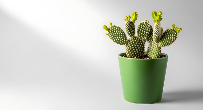 A green potted cactus plant sits on a white surface indoors.