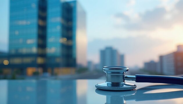 Stethoscope on a reflective surface with blurred modern city buildings in background. Medical concept with urban healthcare facilities, clean and professional.