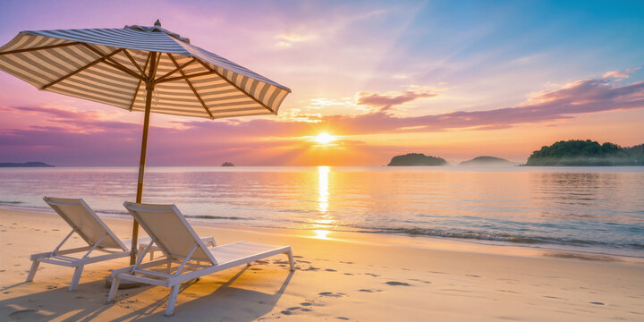 Striped umbrella stands on sandy beach with two lounge chairs, overlooking calm ocean waters and distant islands, as the sun sets behind scattered clouds in the vibrant sky.