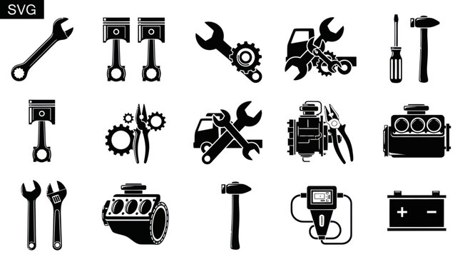 Automotive Repair Icons: Car Parts, Tools, and Engine Components