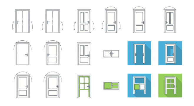 Collection of doors with different designs and opening mechanisms, sketches and realistic.