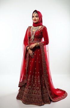 Beautiful Asian Muslim woman wears traditional red Indian bridal gown. Elegant lady with hijab, ornate jewelry poses for wedding photoshoot. Ethnic beauty with intricate embroidery, stands on white.