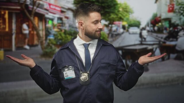 Man detective shrugs with palms up, badge and idcard visible on chest, wearing navy jacket and tie on busy street market; uncertainty duty.