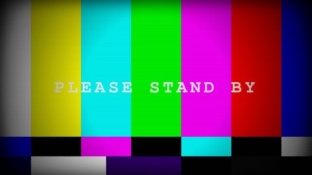 Please Stand By - Retro TV Test Pattern with Static and Glitch Effects.