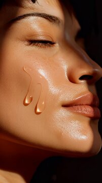 Radiant skincare ritual Close-up of a beautiful woman s face as golden serum drips down her skin highlighting natural beauty and luxurious self-care