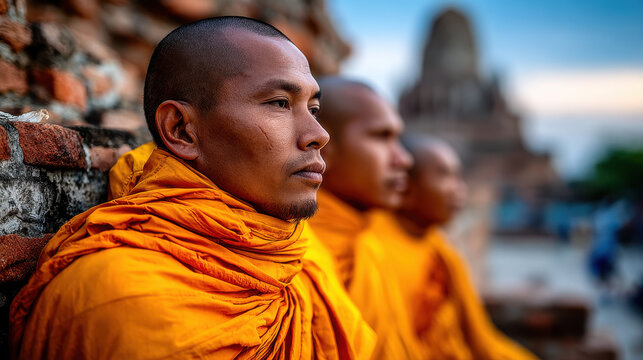 Monks in Asia embody daily life through their serene expressions and vibrant robes, reflecting peaceful existence