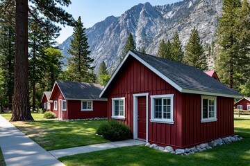 Obraz premium Charming red cabins amidst majestic mountains and pine trees in serene landscape