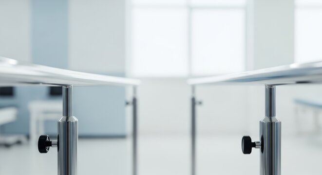 Rehabilitation session featuring steady movement between metal parallel bars in a bright clinic for physical therapy and motor skill recovery, orthopedic, medical, balance