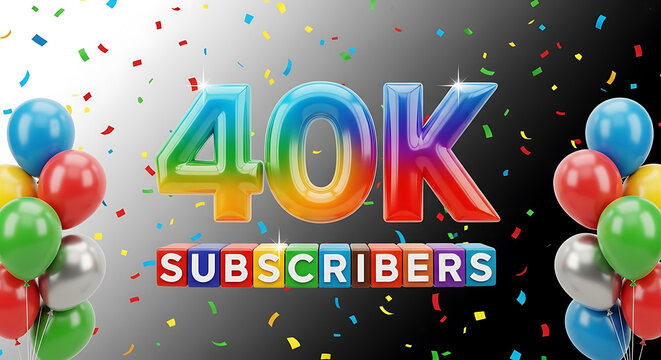 Celebratory 40k subscribers with colorful balloons and confetti