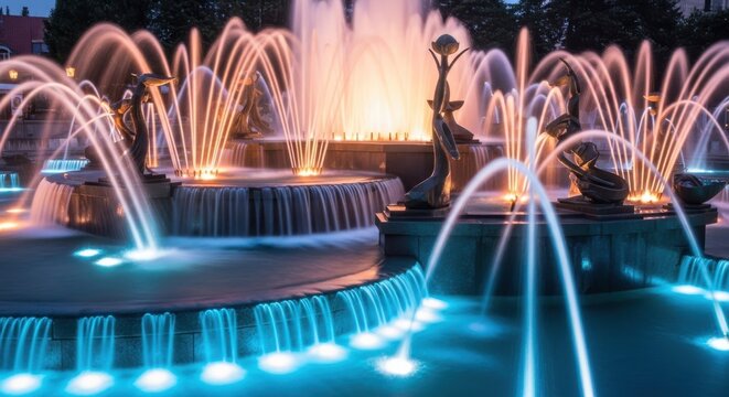 Artistic long exposure fountain photography showing silky flowing water streams with glowing highlights and soft dreamy motion creating elegant visual effect