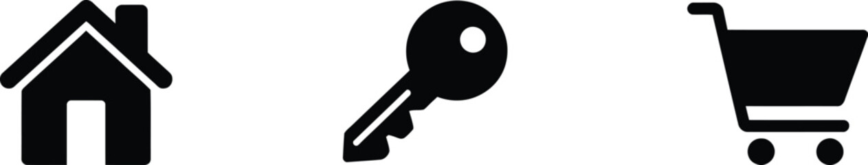 Set of black icons containing residential home symbol and house security key and shopping cart shape. © Iconic lab 