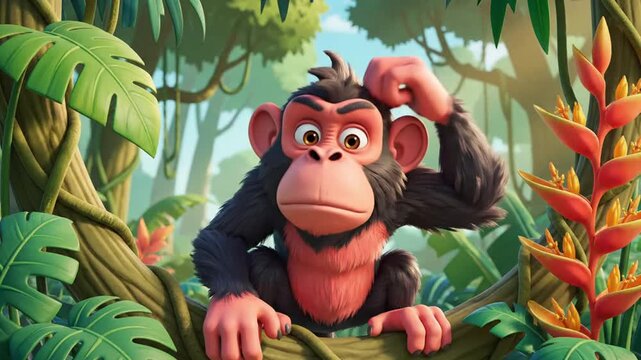 Confused cartoon monkey scratching head in lush green jungle surrounded by tropical plants and vines