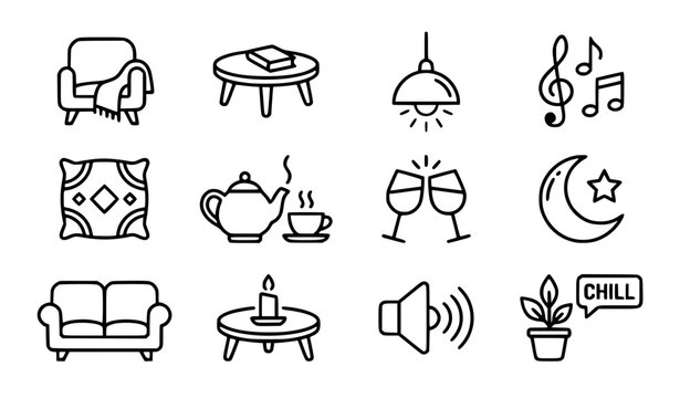 Lounge relaxation icons set vector thin line nightlife chill seating ambient decor illustration editable stroke