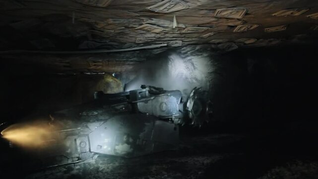 Continuous miner machine cutting a coal seam in a dark underground mine creating dust and rock