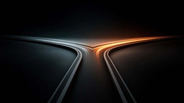 Abstract representation of a split highway, conveying choice and direction with vibrant lighting effects, ideal for concepts of decision-making and pathways.