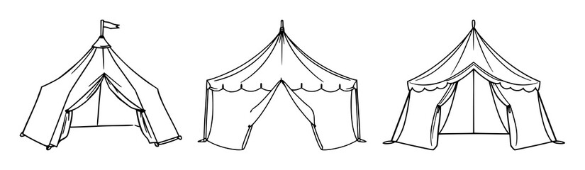 Tent set with black line art depiction on white background featuring black and white, line art, tent with camping and illustration © mdbakul