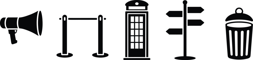 Set of black street furniture icons including megaphone stanchion phone booth signpost and trash bin. © Iconic lab 